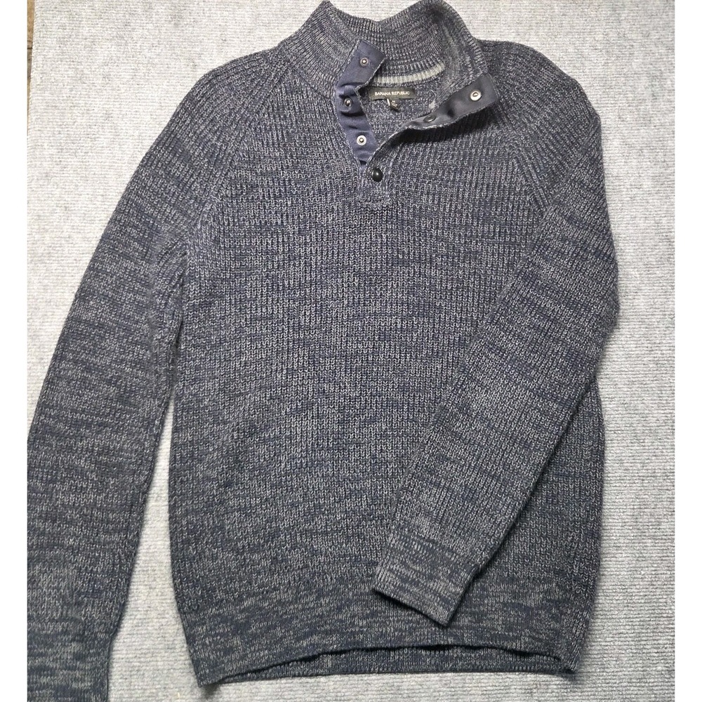 Banana Republic Shawl Mock Neck Sweater Men's Medium Blue Gray Snap Pullover
